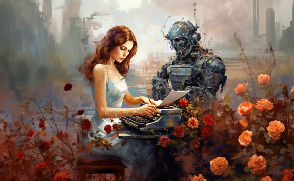 Donna dai capelli rossi che scrive affiancata da un androide, simbolo dell'intelligenza artificiale
